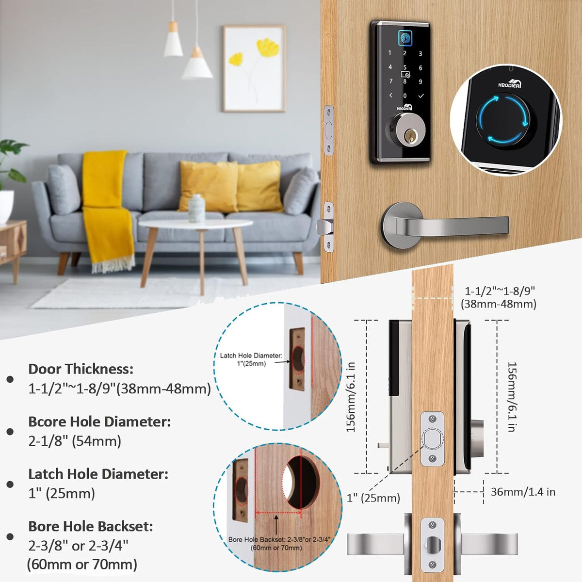 Smart Lock Keyless Entry Deadbolt with Fingerprint, Touchscreen Keypad, Keys, IC Card, APP W5094