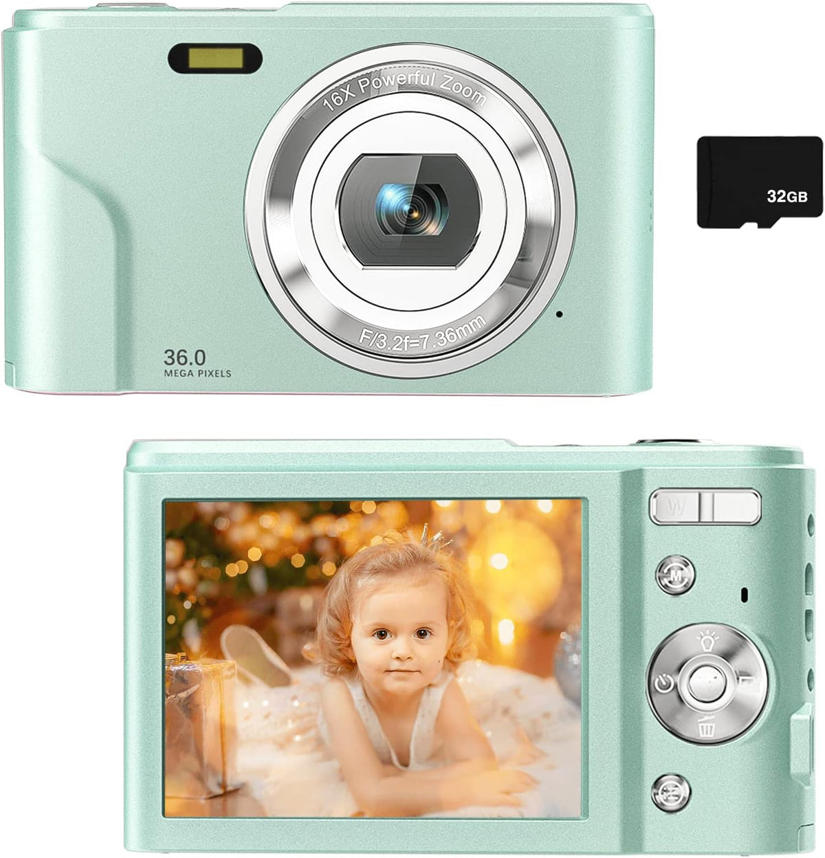 Light Blue 36MP Full HD 1080P Rechargeable Kids Camera with 32GB SD Card D3195