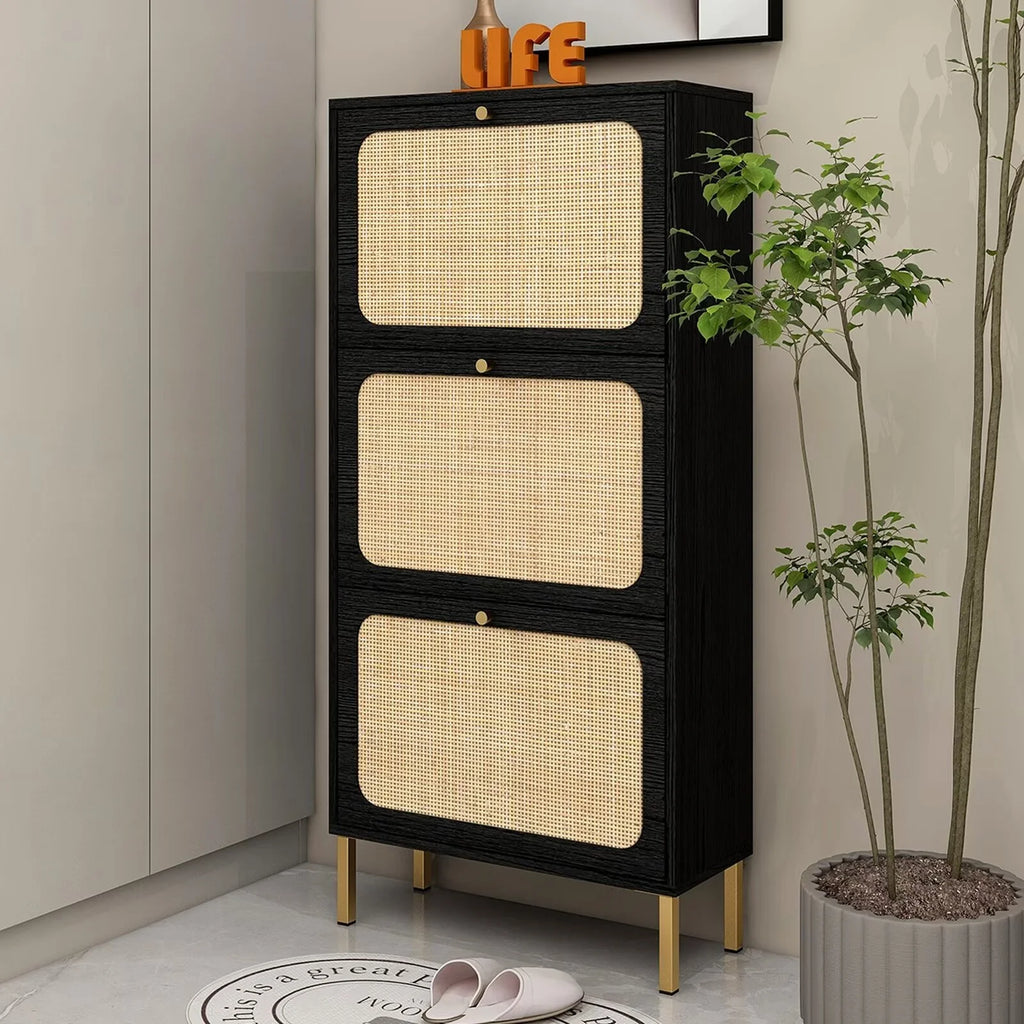 3 Flip Drawer Natural Rattan Shoe Cabinet with Metal Legs H6964