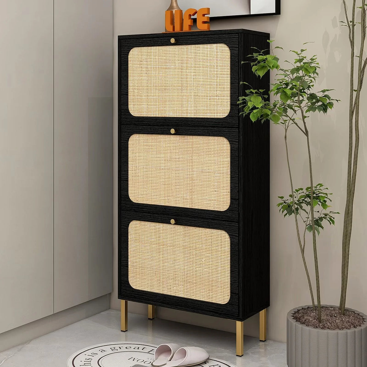 3 Flip Drawer Natural Rattan Shoe Cabinet with Metal Legs H6964