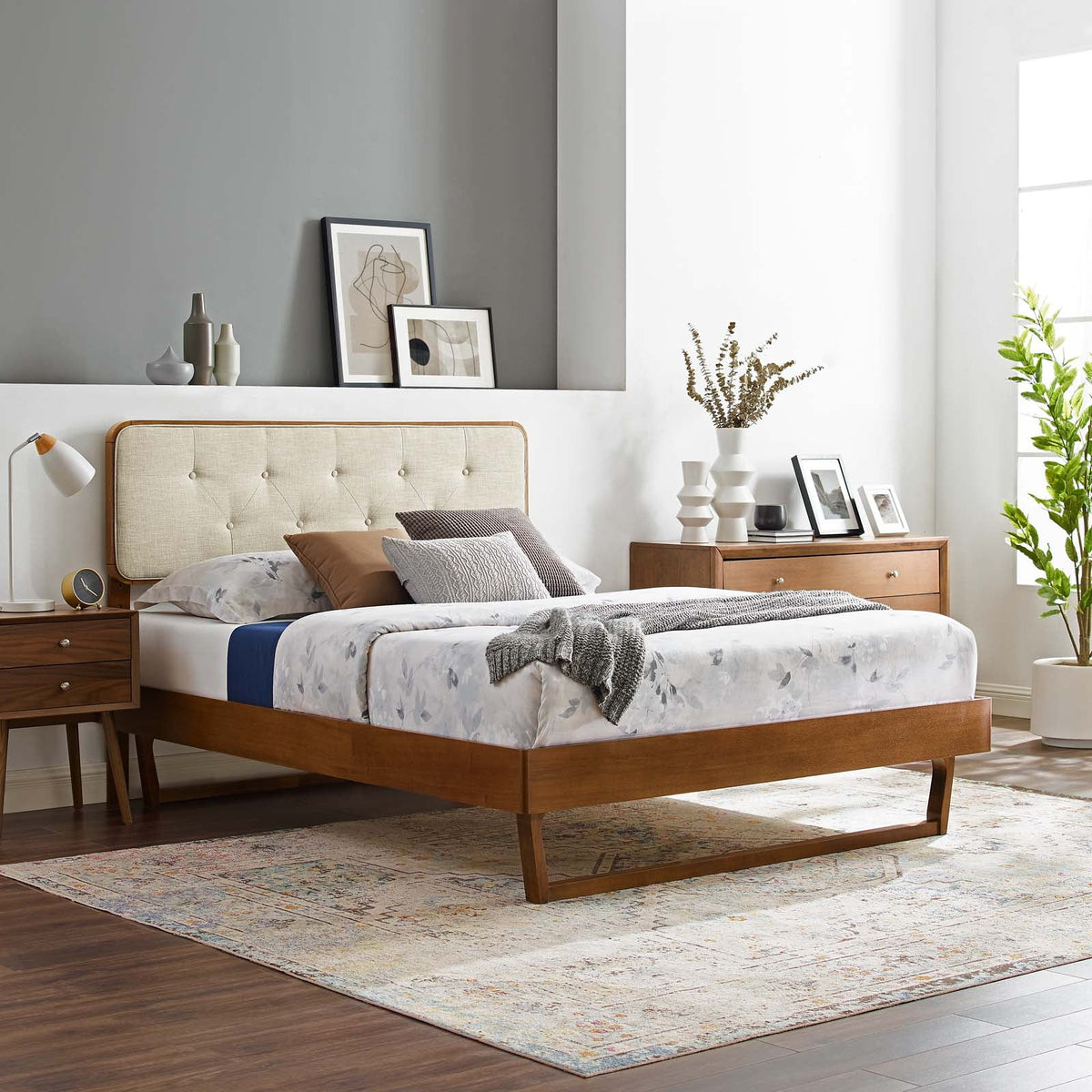 Full Size Wood Brown Walnut Platform Bed Frame W7623