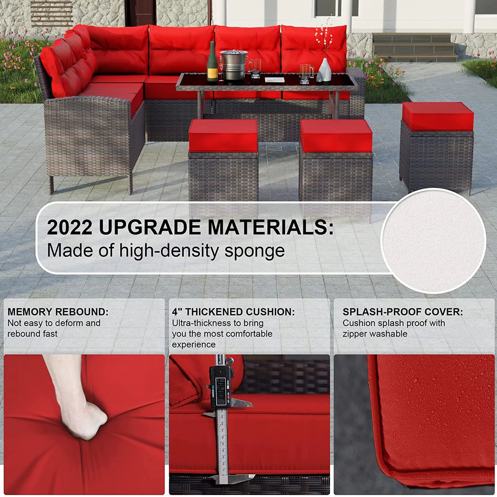 7 Piece All-Weather Wicker Rattan Outdoor Sofa Set with 3 Loveseats, 1 Dining Table and 3 Footrests C579078