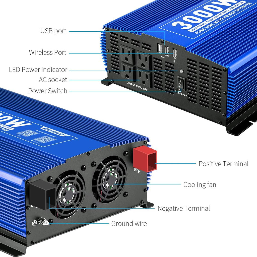 1000W Pure Sine Wave Inverter 12V to 110V with Dual AC Outlets & USB Ports U266155