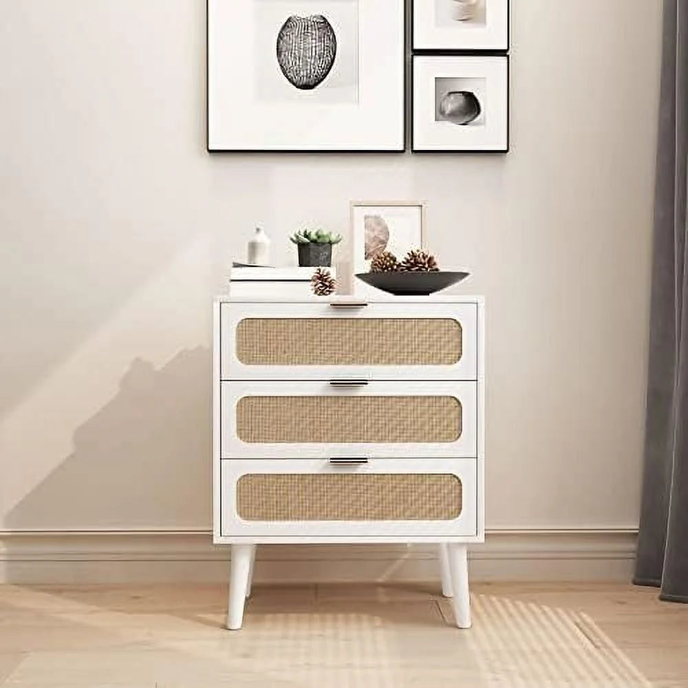 2 Sets of Black Wood 3 Drawer Rattan Nightstand Dresser U114239