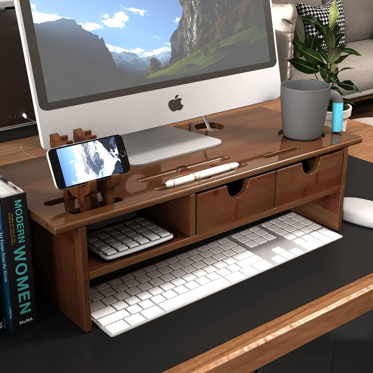 Bamboo Wood Monitor Stand with Storage Drawers Pack of 2 B2196