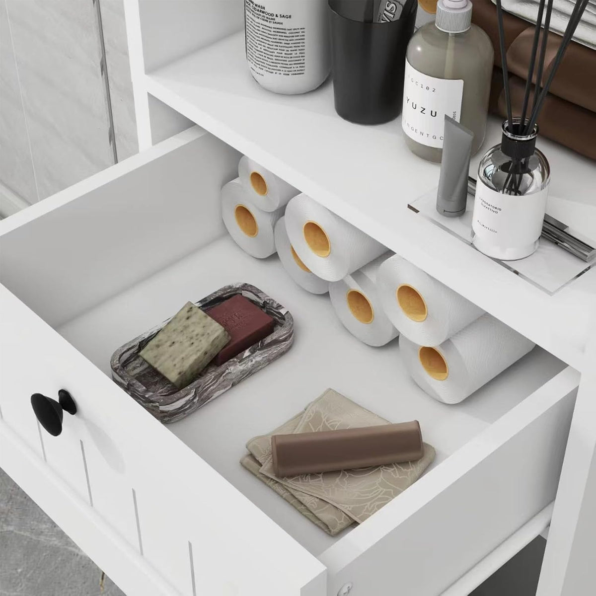 Compact Laundry Sorter Cabinet with Tilt-Out Basket Drawer White S82075
