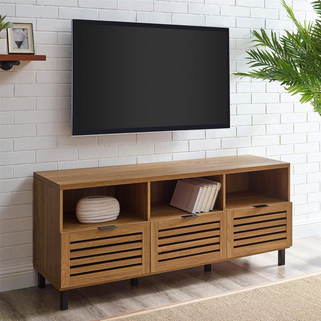 Modern Wood TV Stand with Slat Doors, 58 Inch, Dark Walnut D478445