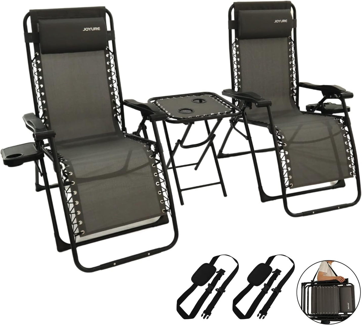 3 PCS Zero Gravity Lounger Folding Chair Recliners with Carry Strap and Portable Table Grey O424