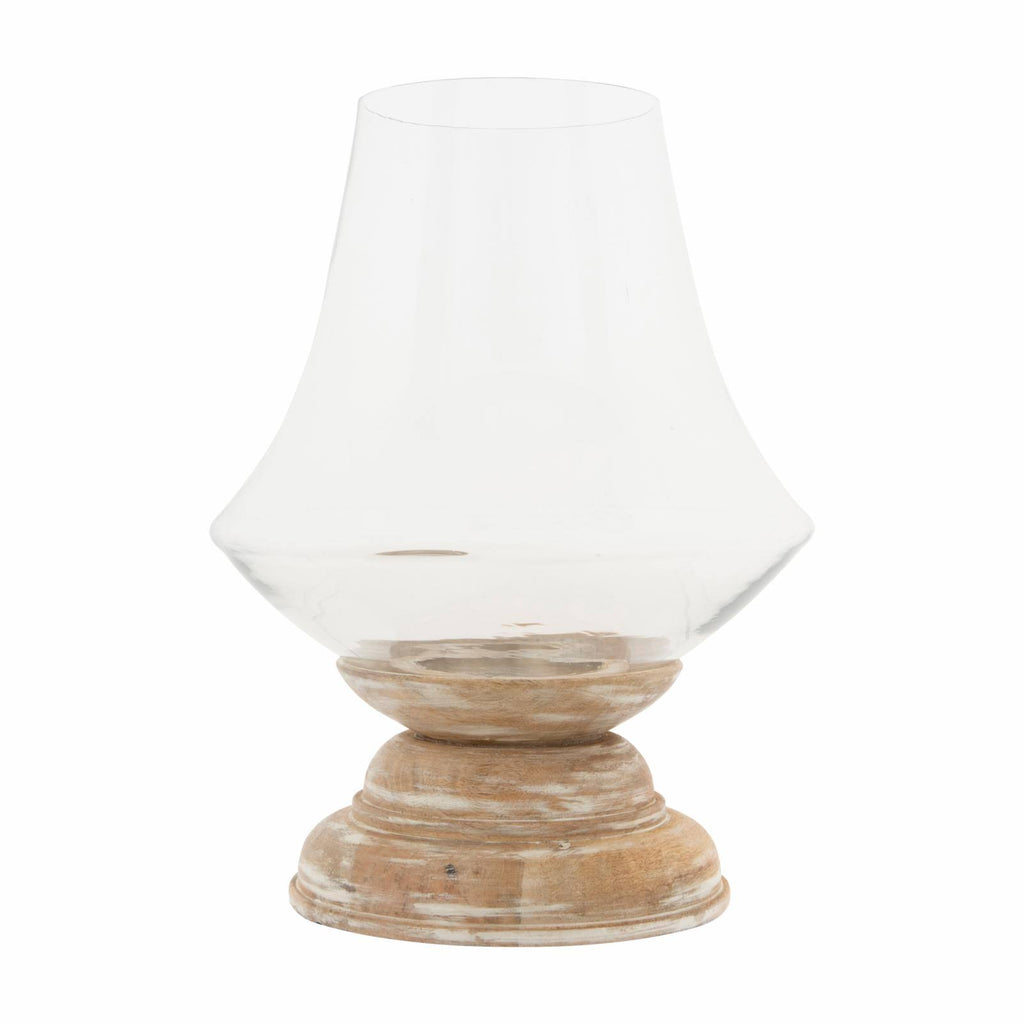 Large Whitewashed Mango Wood Handblown Glass Hurricane N73179