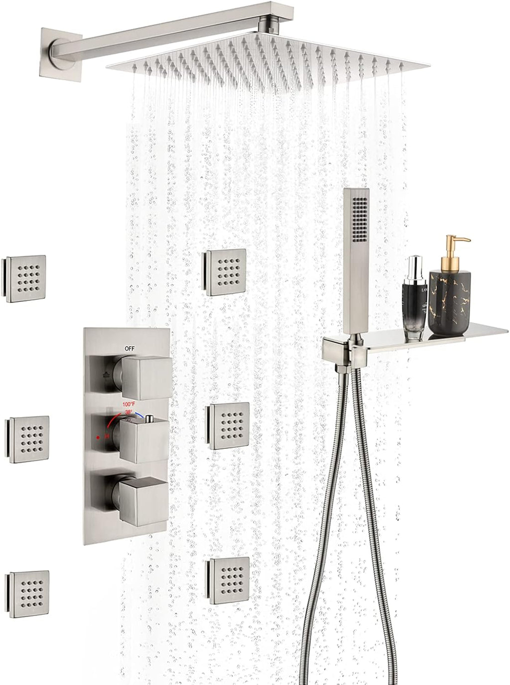 Matte Black Shower System with 6 Body Jets, 12 Inch Wall Mounted Rainfall Shower Head with Handheld Thermostatic Valve Shower Combo Kit H72439