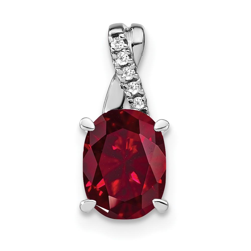 14k White Gold Oval Created Ruby and Real Diamond Pendant O20894