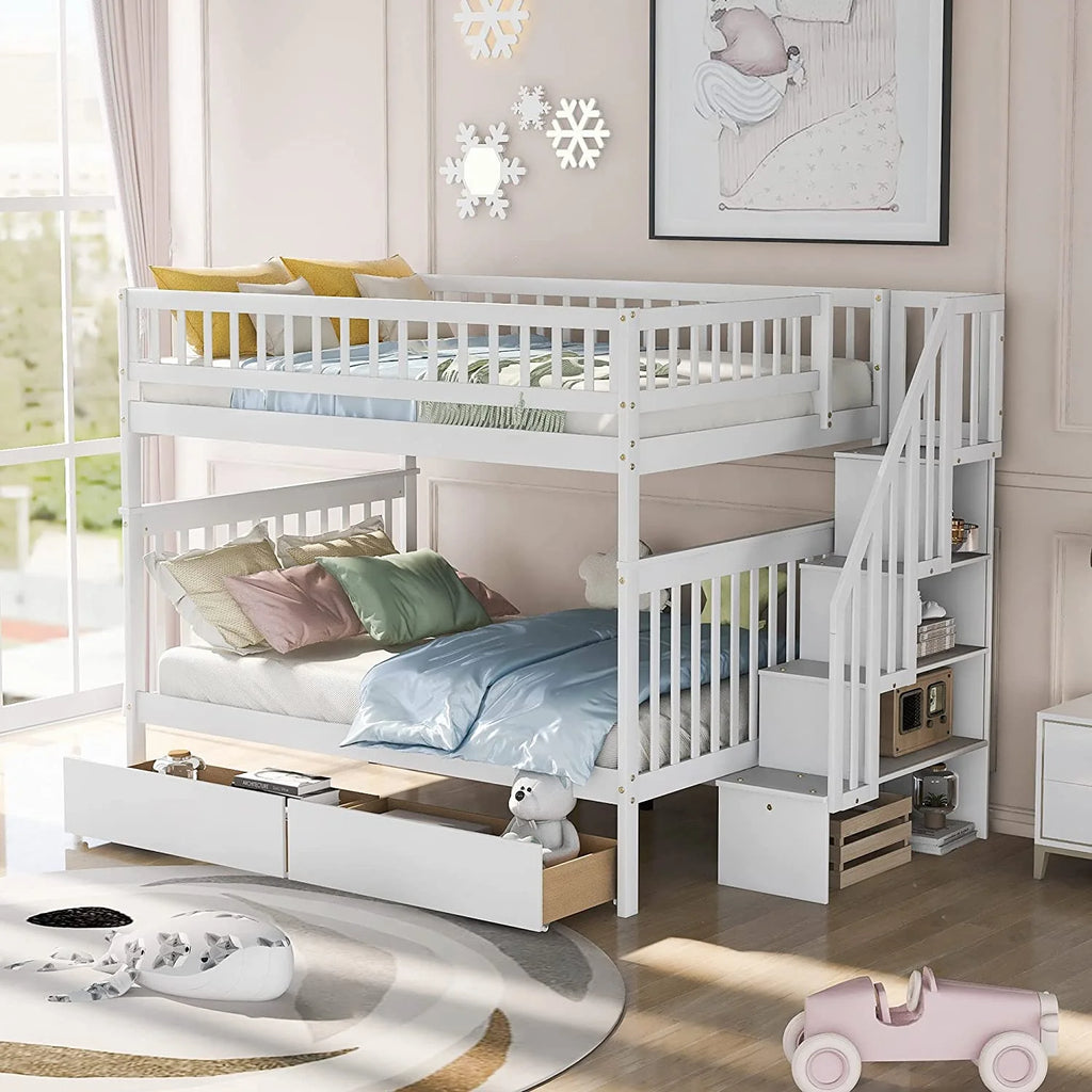 Full Over Full Solid Wood Bunk Bed with Stairs and Storage Drawers U48928