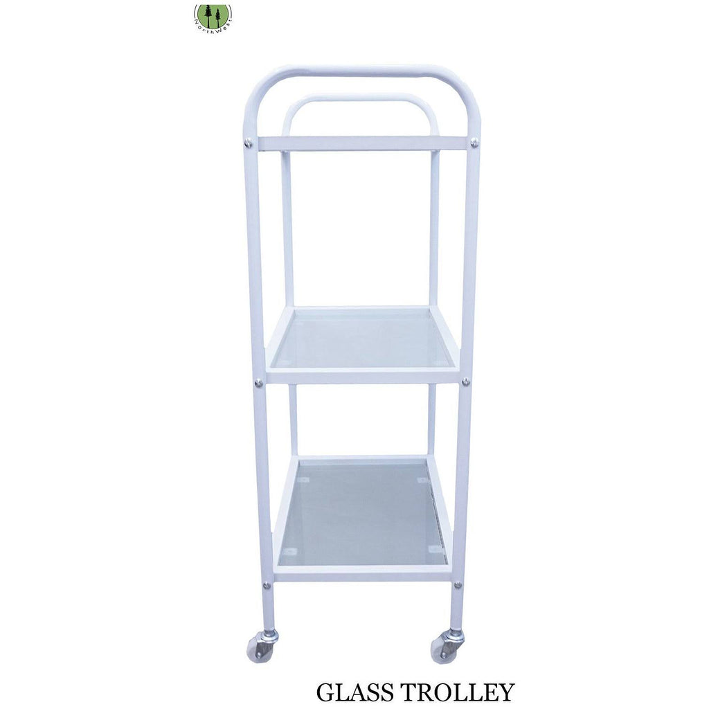 Rolling Trolley Cart 3 Glass Shelves White Salon Equipment B114103