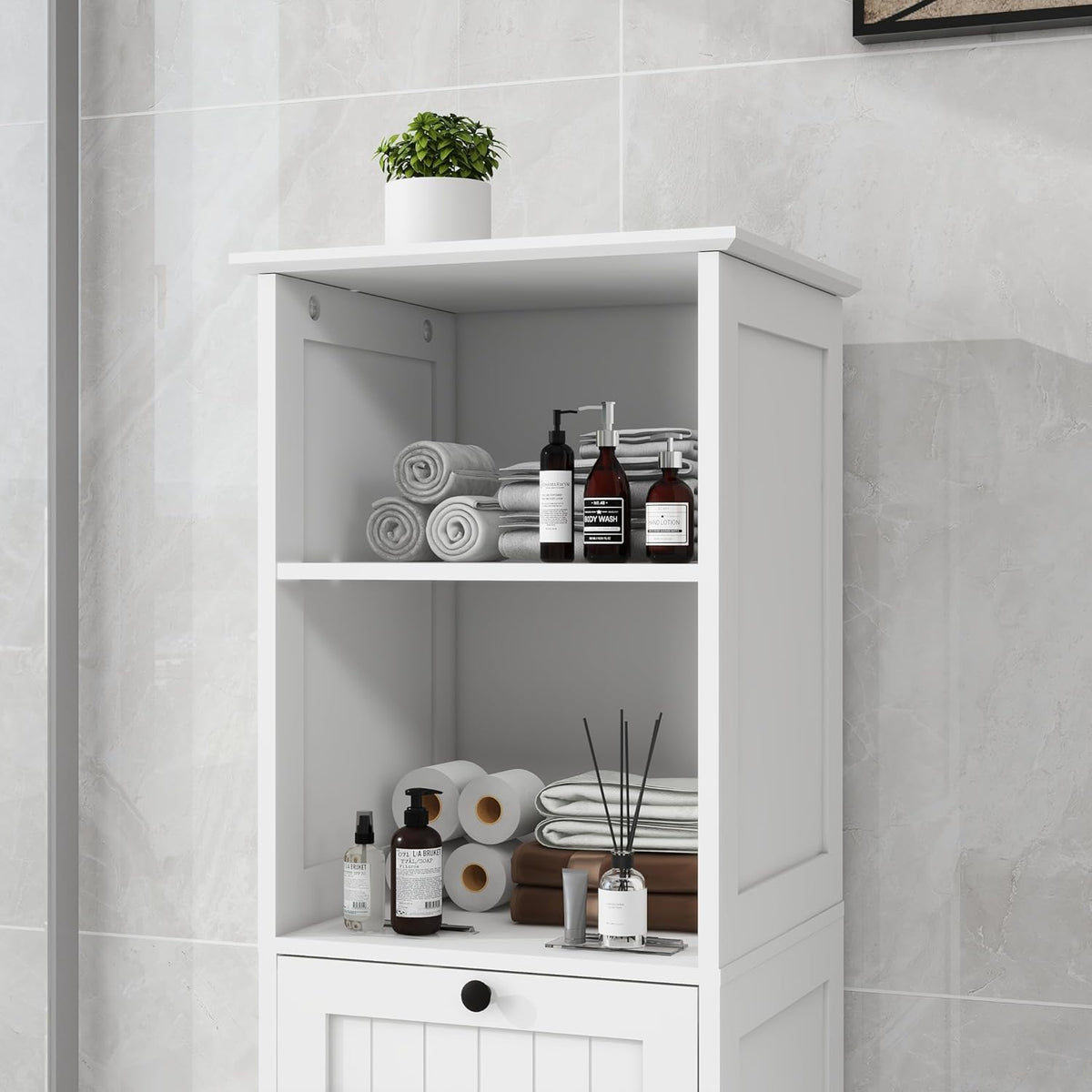 Compact Laundry Sorter Cabinet with Tilt-Out Basket Drawer White S82075