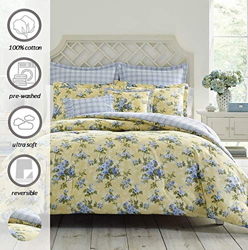 King Yellow Comforter Set with Euro Shams and Throw Pillows, Dark Blue King Sheets, 4 Pieces R7435
