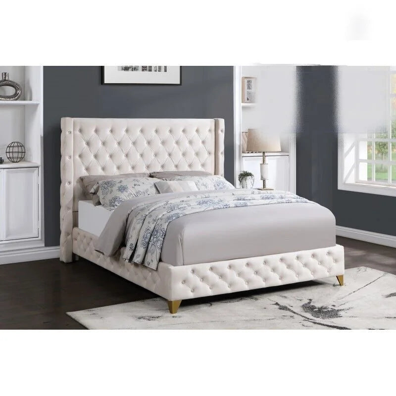 King Platform Bed Cream Velvet Upholstered H667