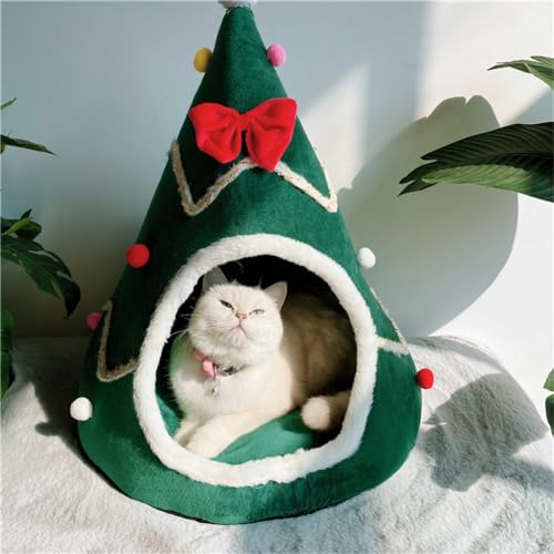 Green Christmas Tree Cat Bed with Detachable Pillow A14232
