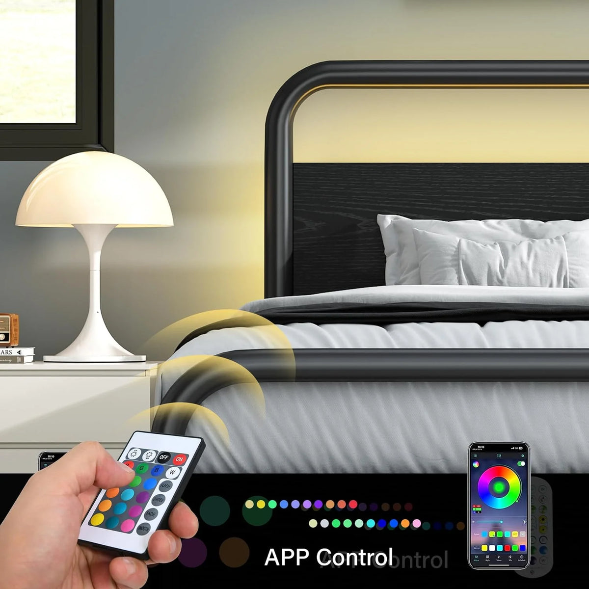 Twin Size LED Metal Bed Frame with Wood Headboard C80763