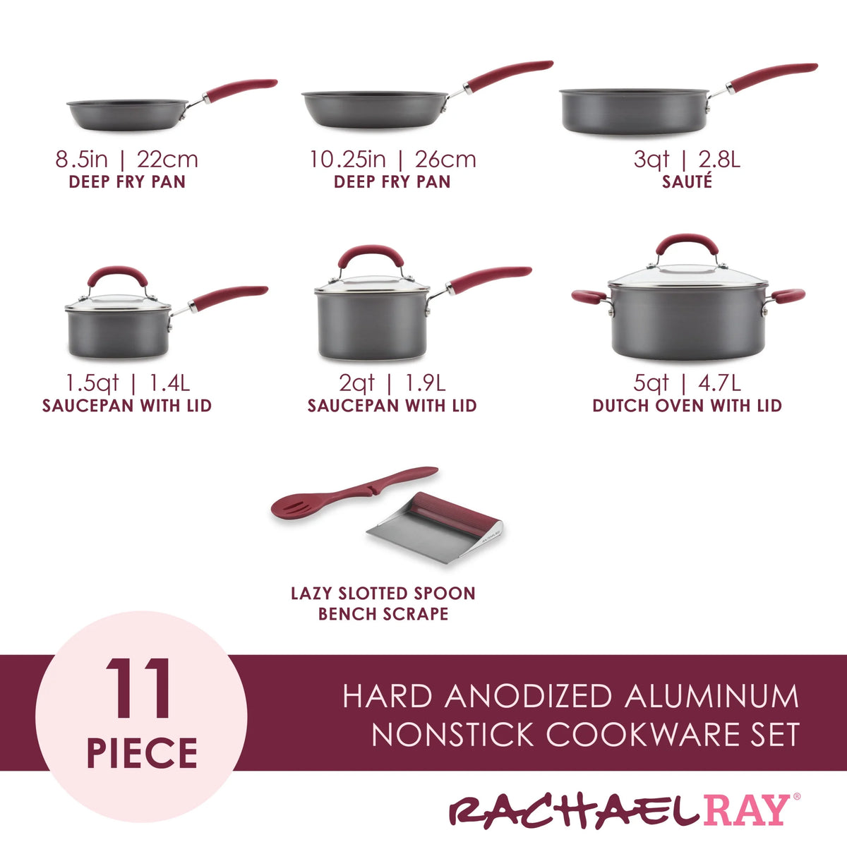 11 Piece Nonstick Pots and Pans Set, Burgundy Handles S343