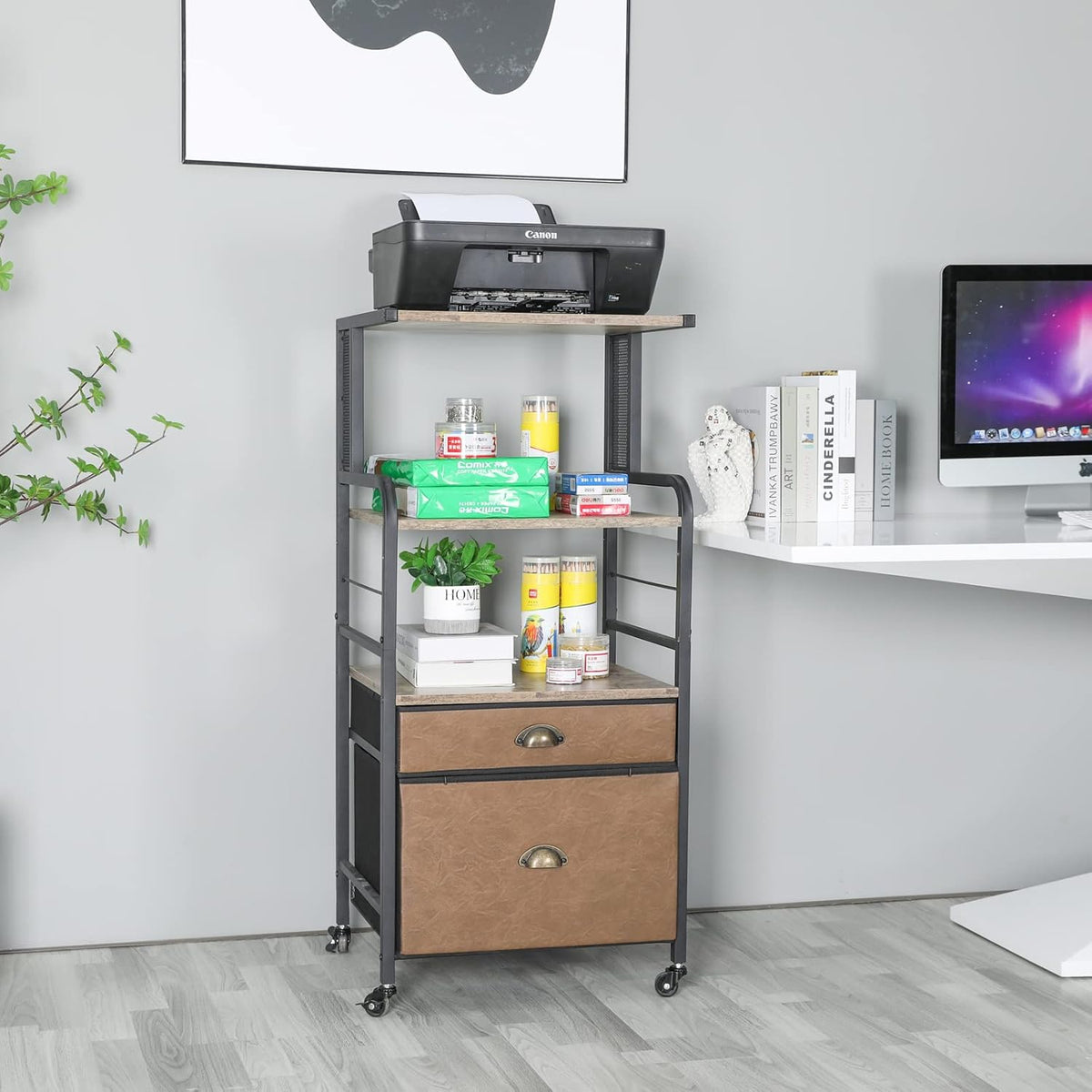 Mobile Printer Stand with File Cabinet, 3 Tier Rolling Cart with 2 Drawers K776