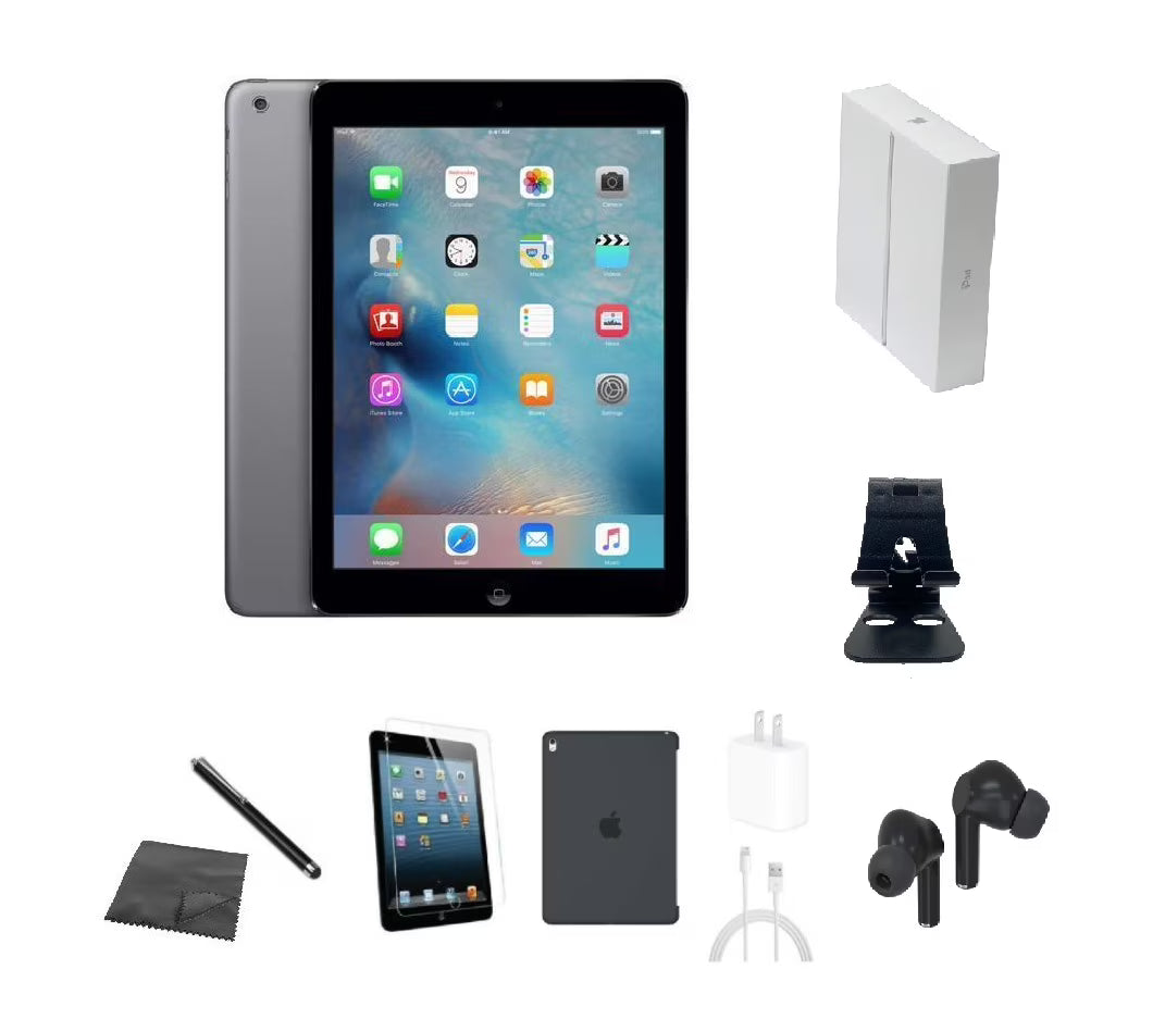 iPad Air 32GB Space Gray Bundle with Case, Box, Bluetooth Earbuds, Tempered Glass, Stylus, Stand, Charger Y36457