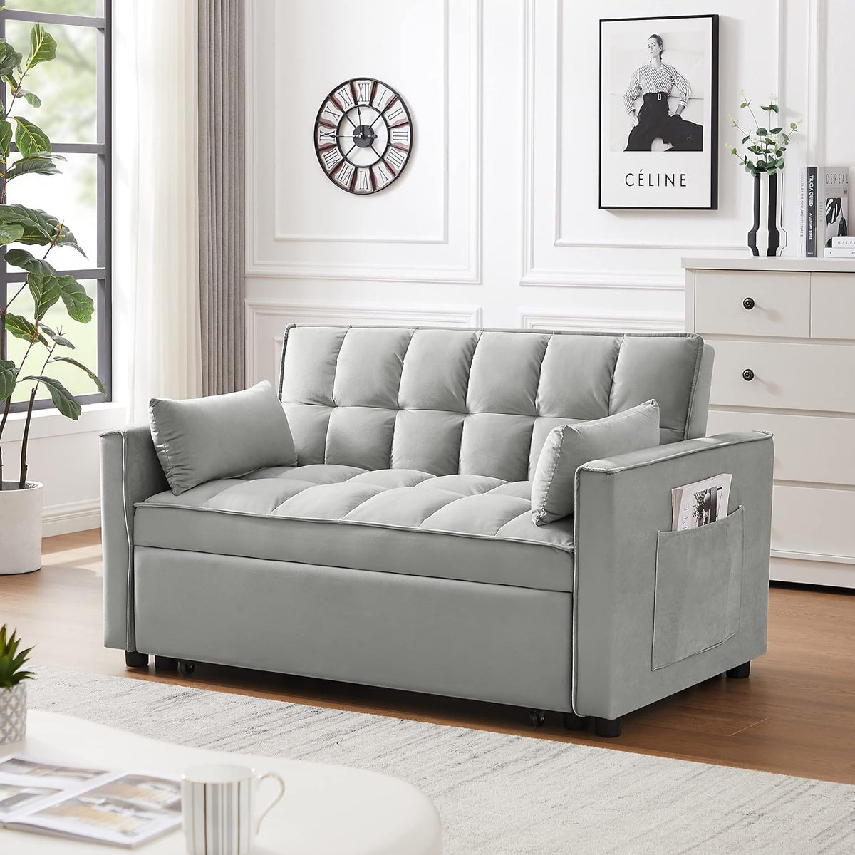 Gray Velvet Loveseat Sofa with Pullout Bed W343050