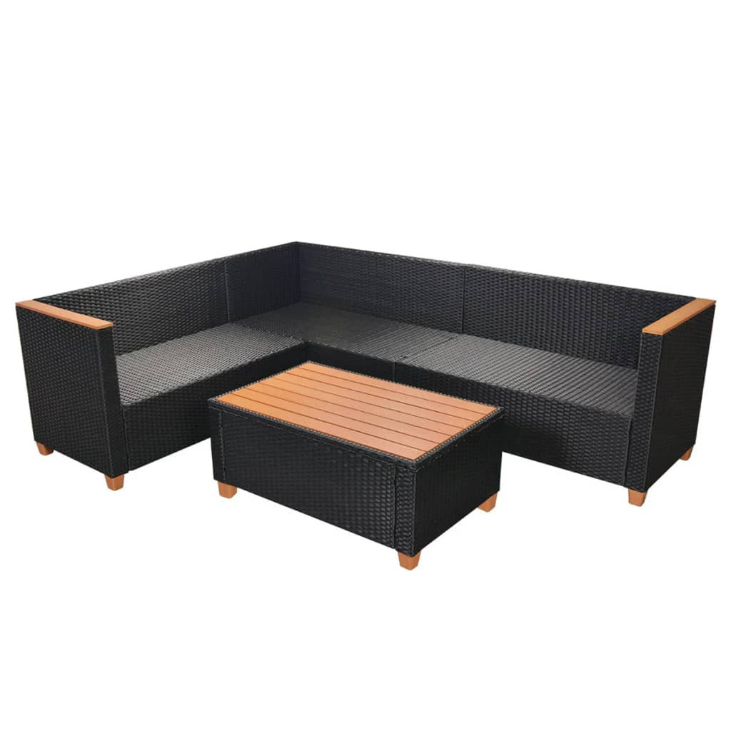 4 Piece Patio Lounge Set with White Cushions Black Poly Rattan 2-Seater Sofas with Corner Sofa and Coffee Table R84163
