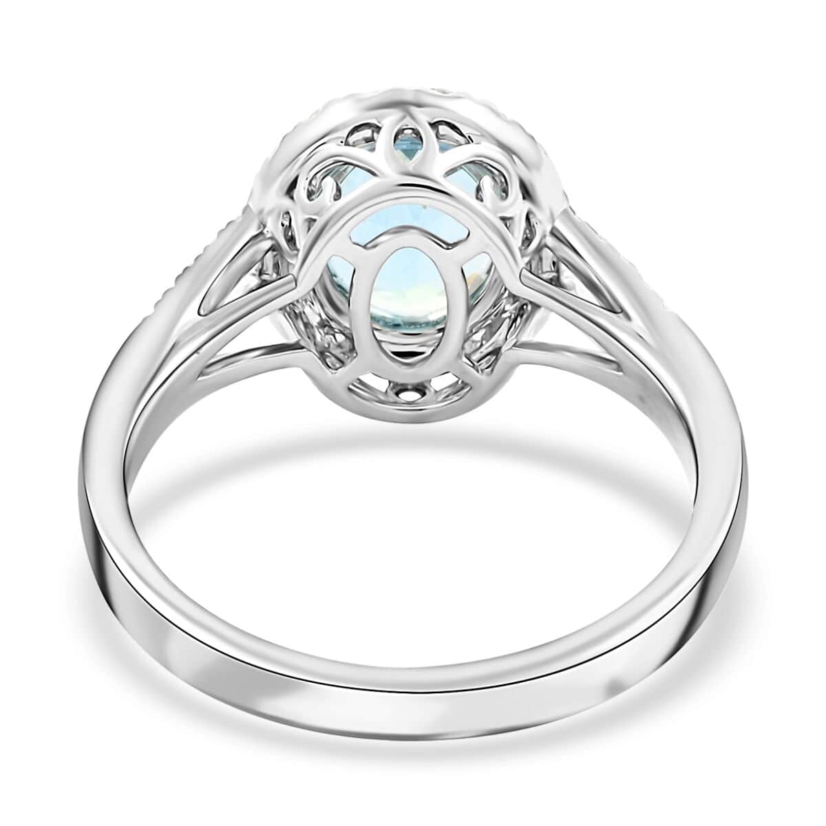 18K White Gold Halo Ring with Blue Aquamarine and White Diamond L392