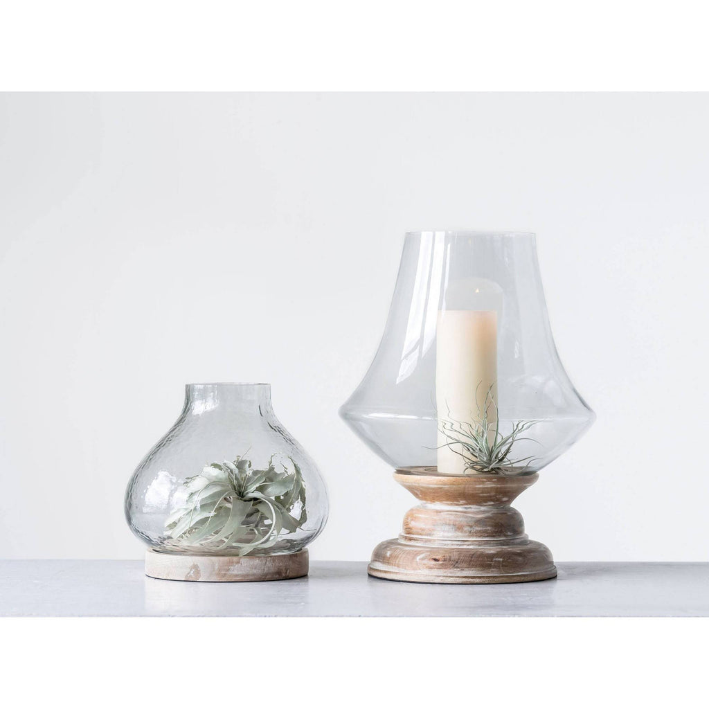 Large Whitewashed Mango Wood Handblown Glass Hurricane N73179