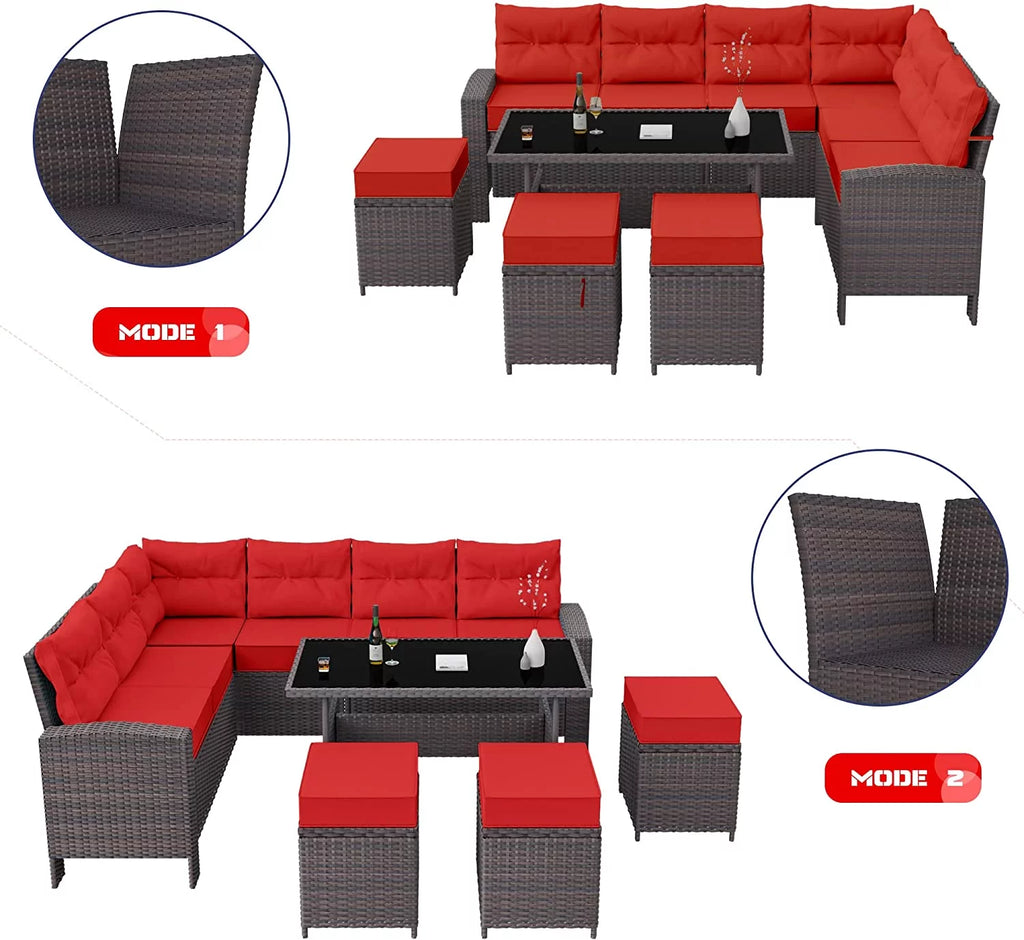 7 Piece All-Weather Wicker Rattan Outdoor Sofa Set with 3 Loveseats, 1 Dining Table and 3 Footrests C579078