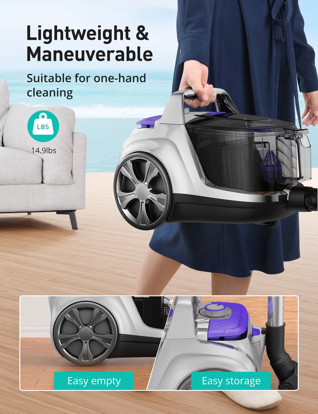 Bagless Canister Vacuum Cleaner with Double HEPA Filter, 1200W, 3.6QT W998