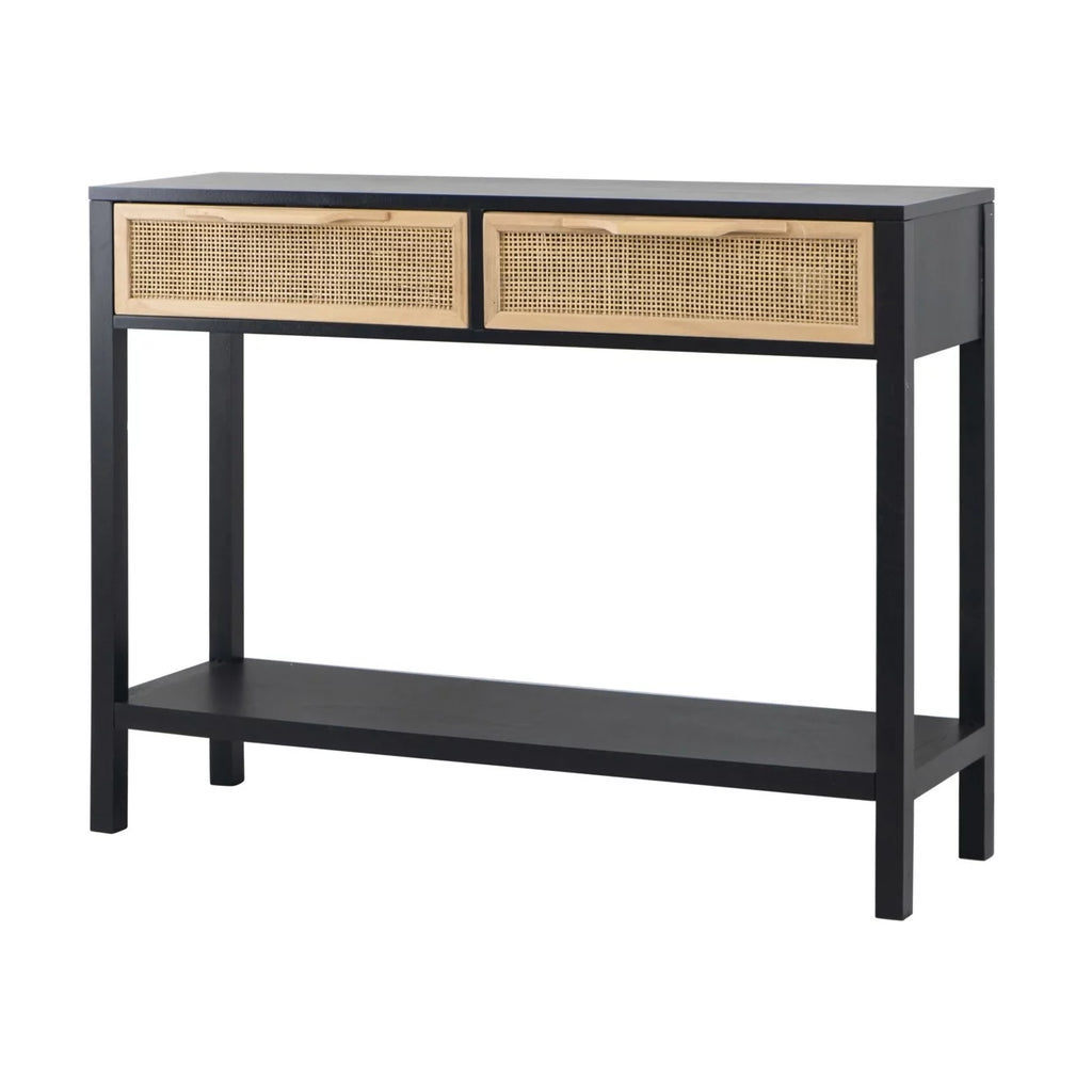 Black Finish Sofa Console Table with 2 Rattan Drawers H999362
