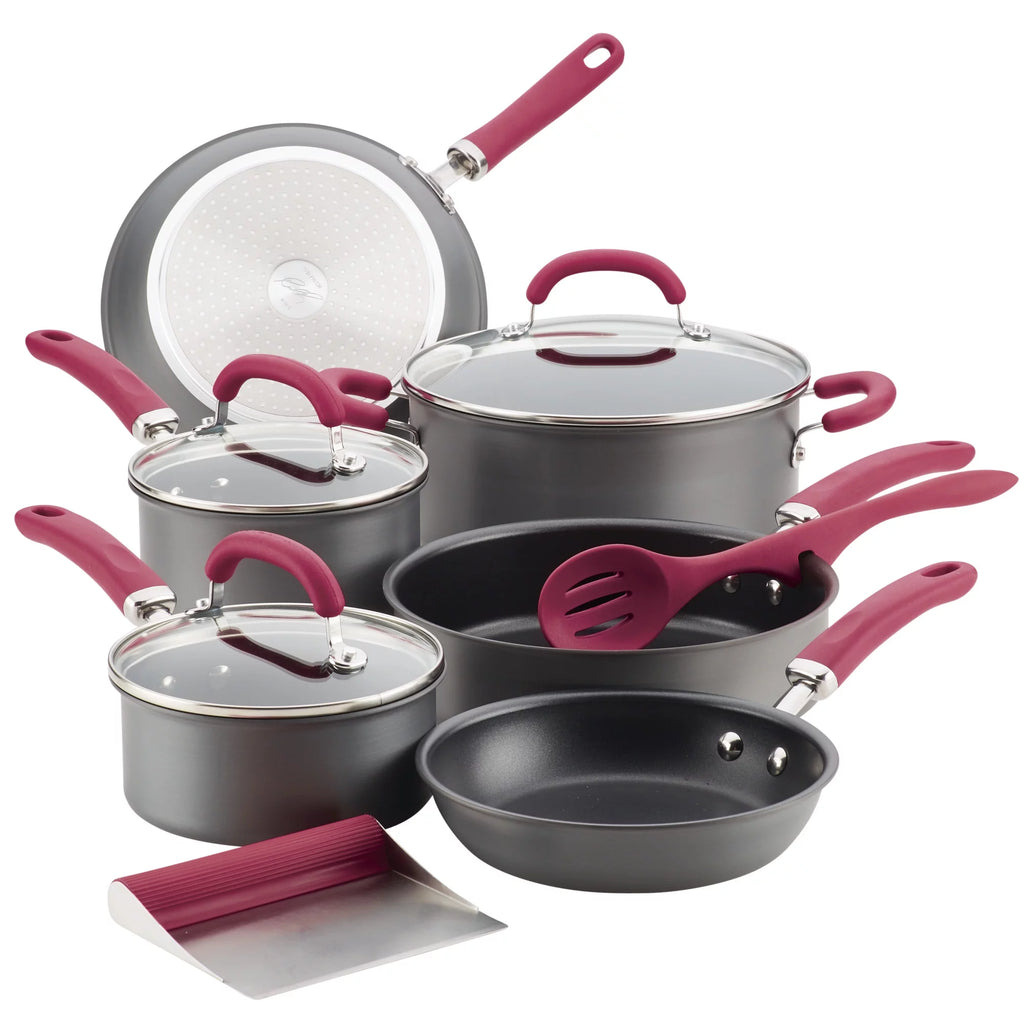 11 Piece Nonstick Pots and Pans Set, Burgundy Handles S343
