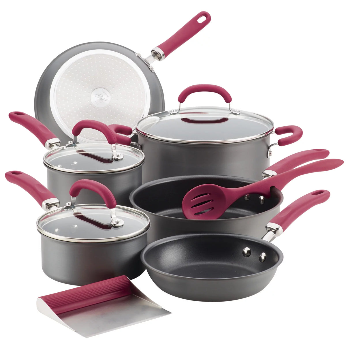 11 Piece Nonstick Pots and Pans Set, Burgundy Handles S343