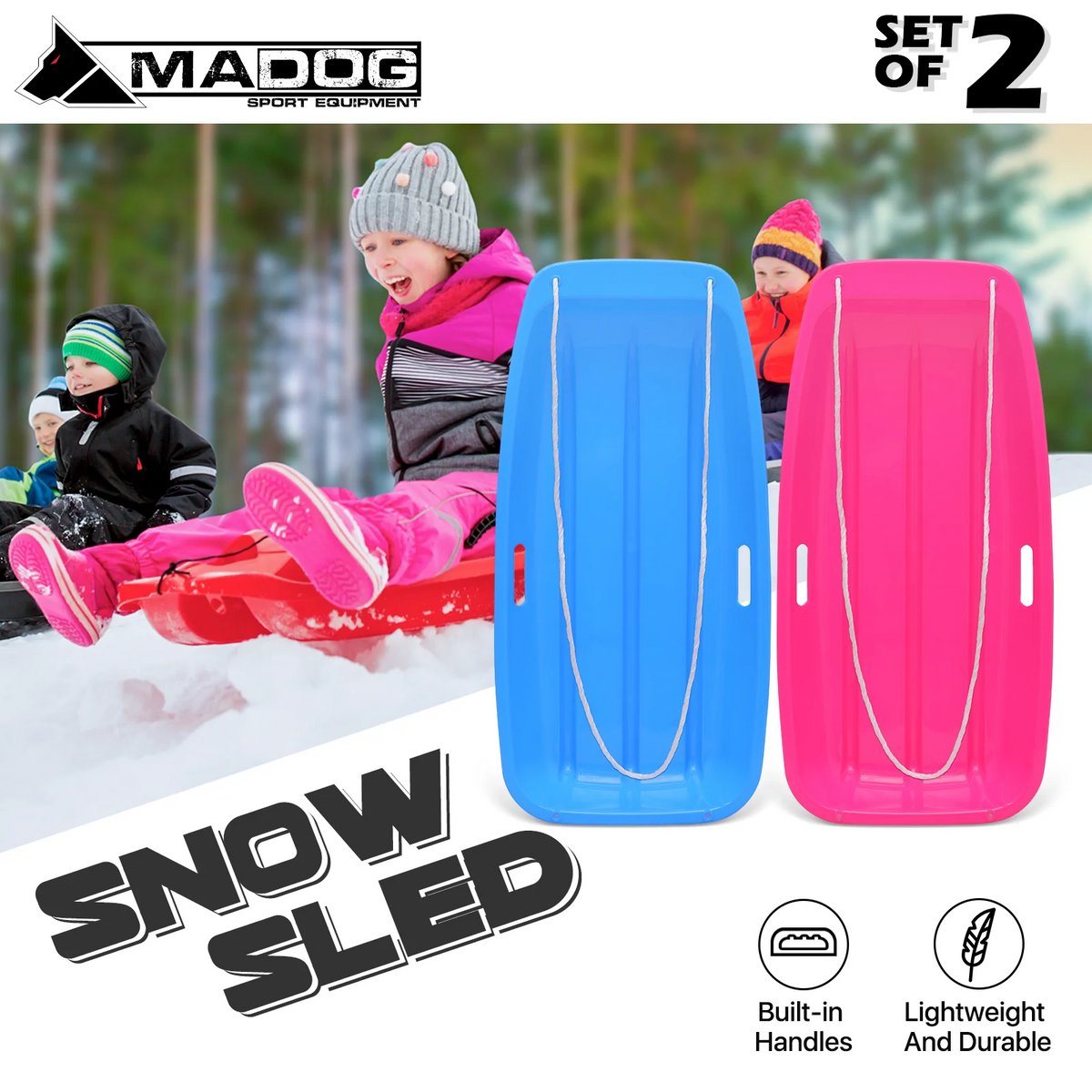2 Pack 35" Plastic Snow Sleds with Pull Rope, 2 Handles U859417