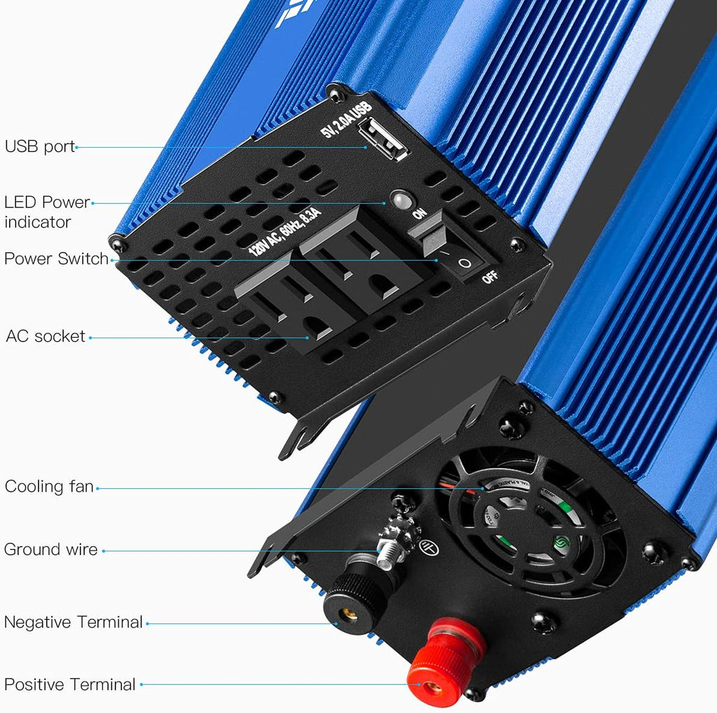 1000W Pure Sine Wave Inverter 12V to 110V with Dual AC Outlets & USB Ports U266155