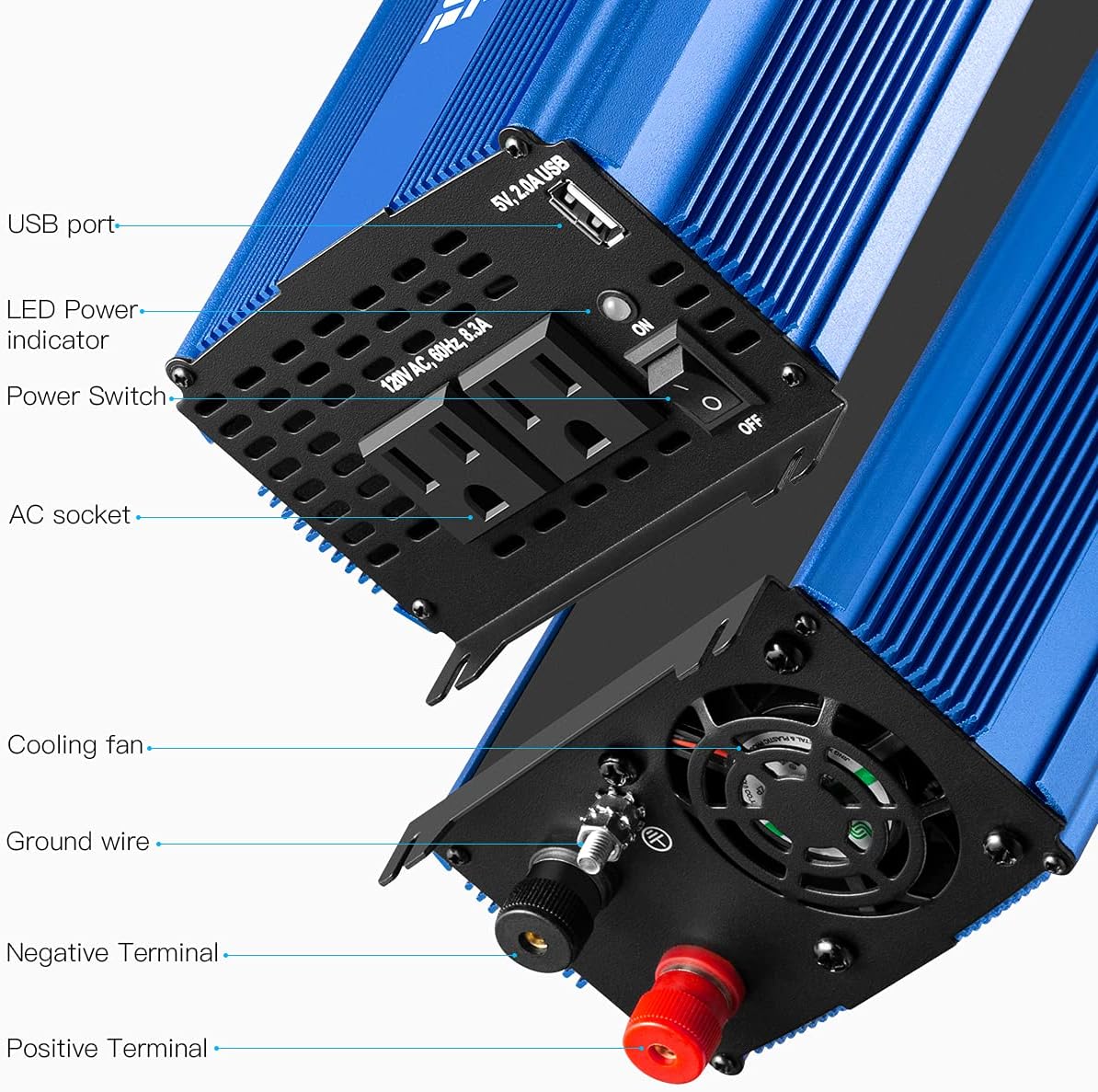 1000W Pure Sine Wave Inverter 12V to 110V with Dual AC Outlets & USB Ports U266155