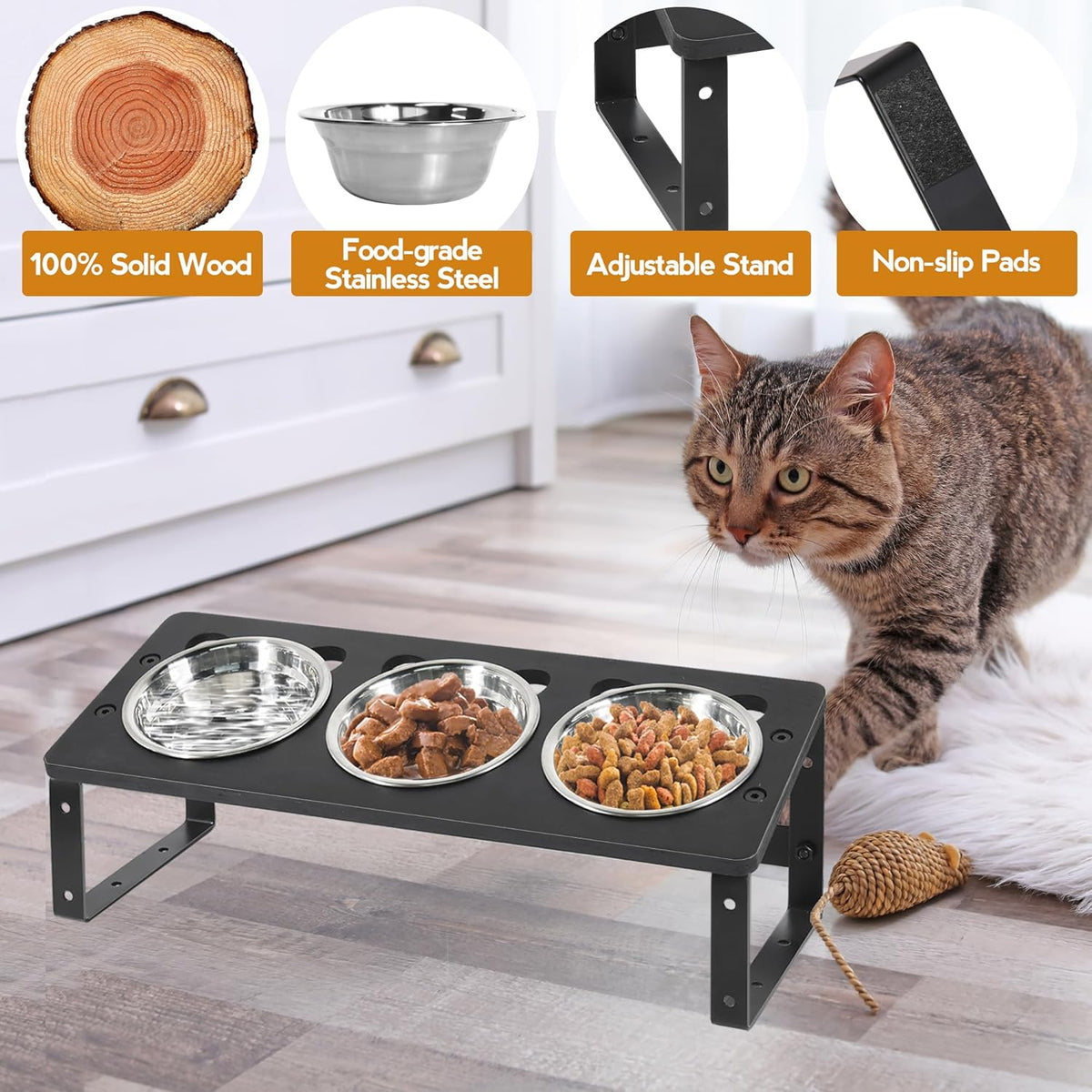 15° Tilted Raised Cat Bowls with Stainless Steel Feeder Bowls E762