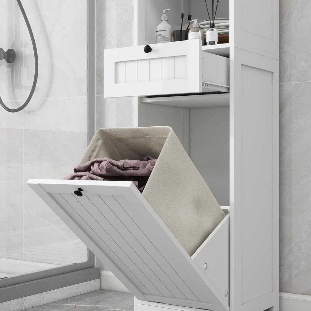 Compact Laundry Sorter Cabinet with Tilt-Out Basket Drawer White S82075