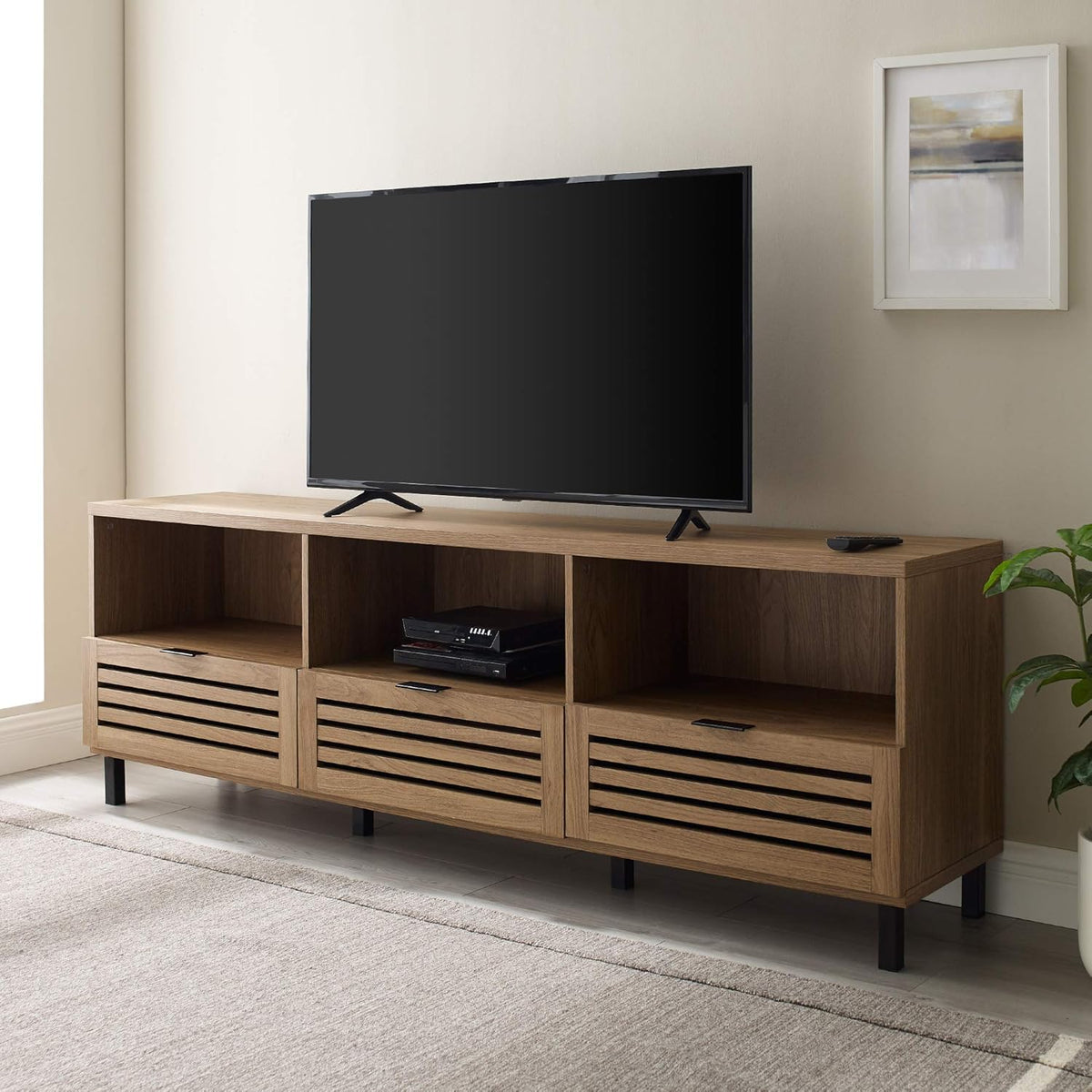 Modern Wood TV Stand with Slat Doors, 58 Inch, Dark Walnut D478445