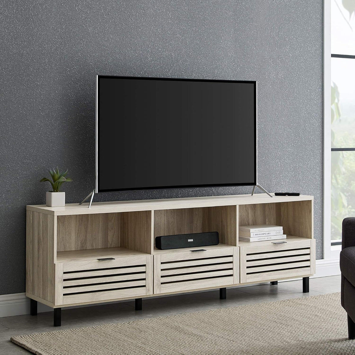 Modern Wood TV Stand with Slat Doors, 58 Inch, Dark Walnut D478445