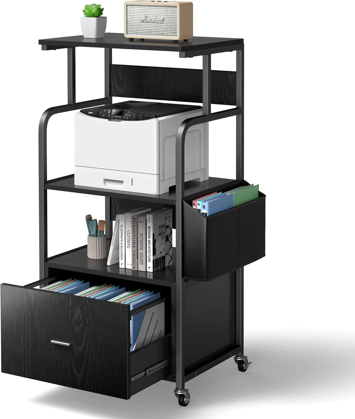 3 Tier Printer Stand with Drawer, Canvas Bag, Metal Hook, Lockable Casters J54212