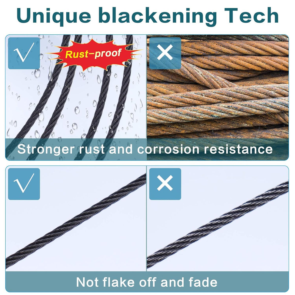 250ft 1/8 Black Wire Rope T316 Stainless Steel Marine Grade 7x7 Strand N533
