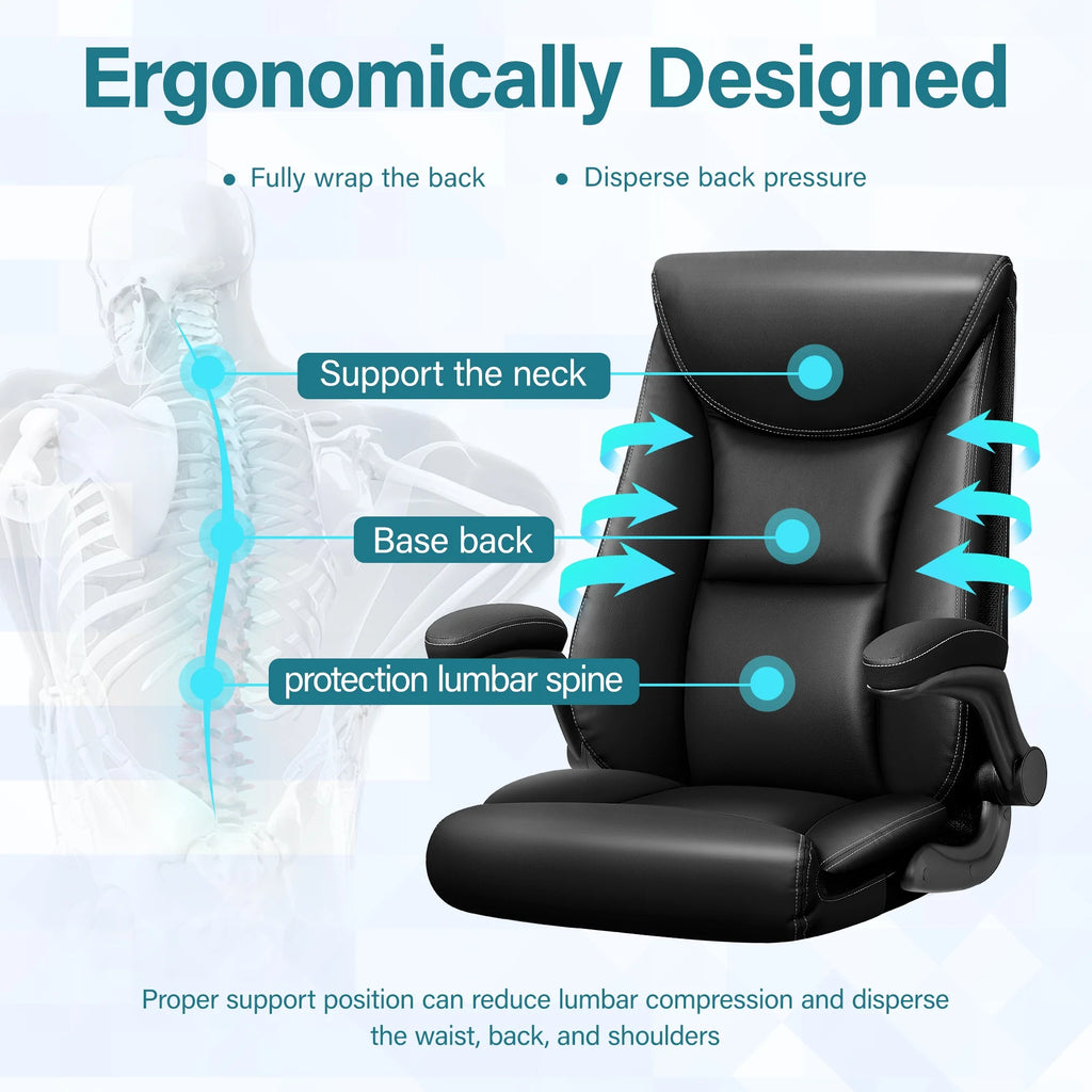 Black Leather Ergonomic Executive Office Chair with Adjustable Flip-Up Arms V96583
