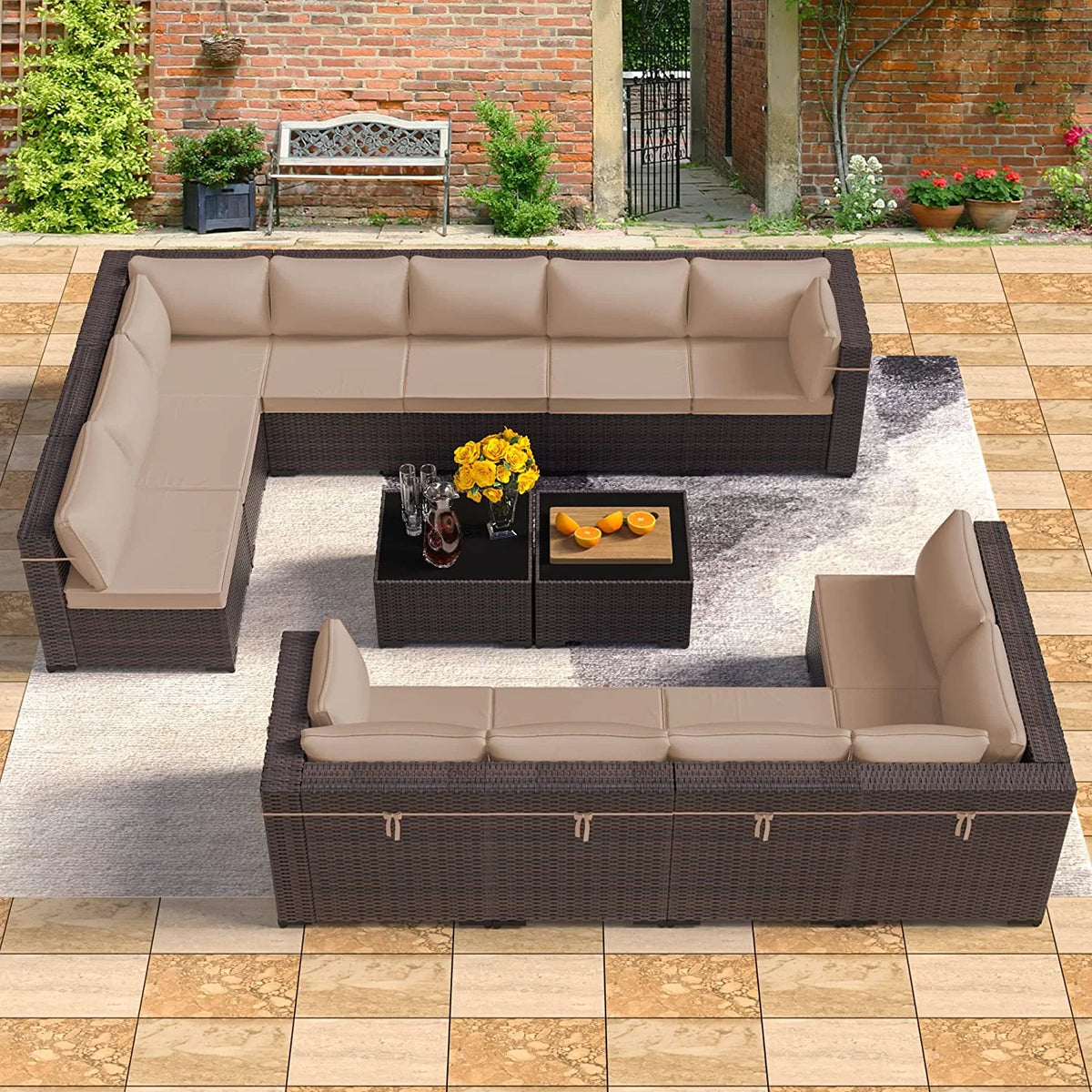 14 Pieces All Weather PE Wicker Patio Sectional Sofa Set with Coffee Table C995342