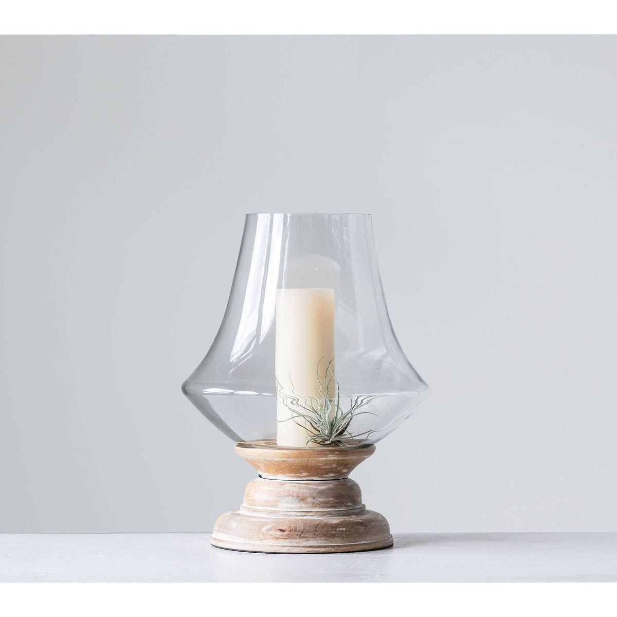 Large Whitewashed Mango Wood Handblown Glass Hurricane N73179