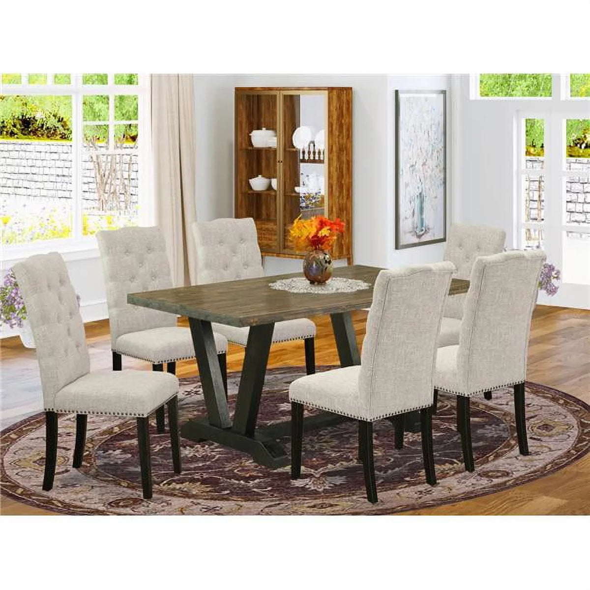 7 Piece Small Dining Table Set Dark Khaki U5528