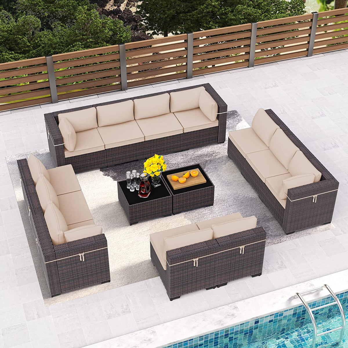 14 Pieces All Weather PE Wicker Patio Sectional Sofa Set with Coffee Table C995342