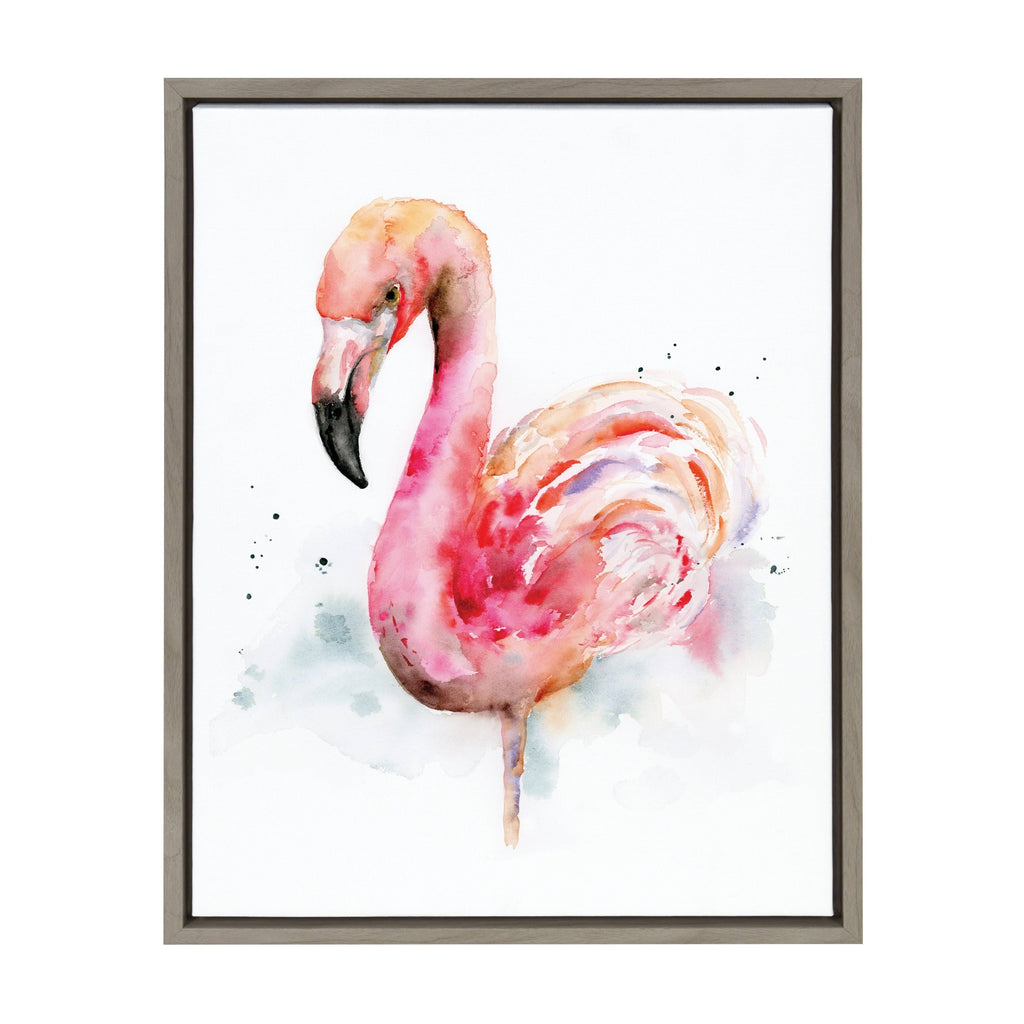 Pink and Coral Flamingo Framed Watercolor Print on Canvas, Gray 18 x 24 P425939