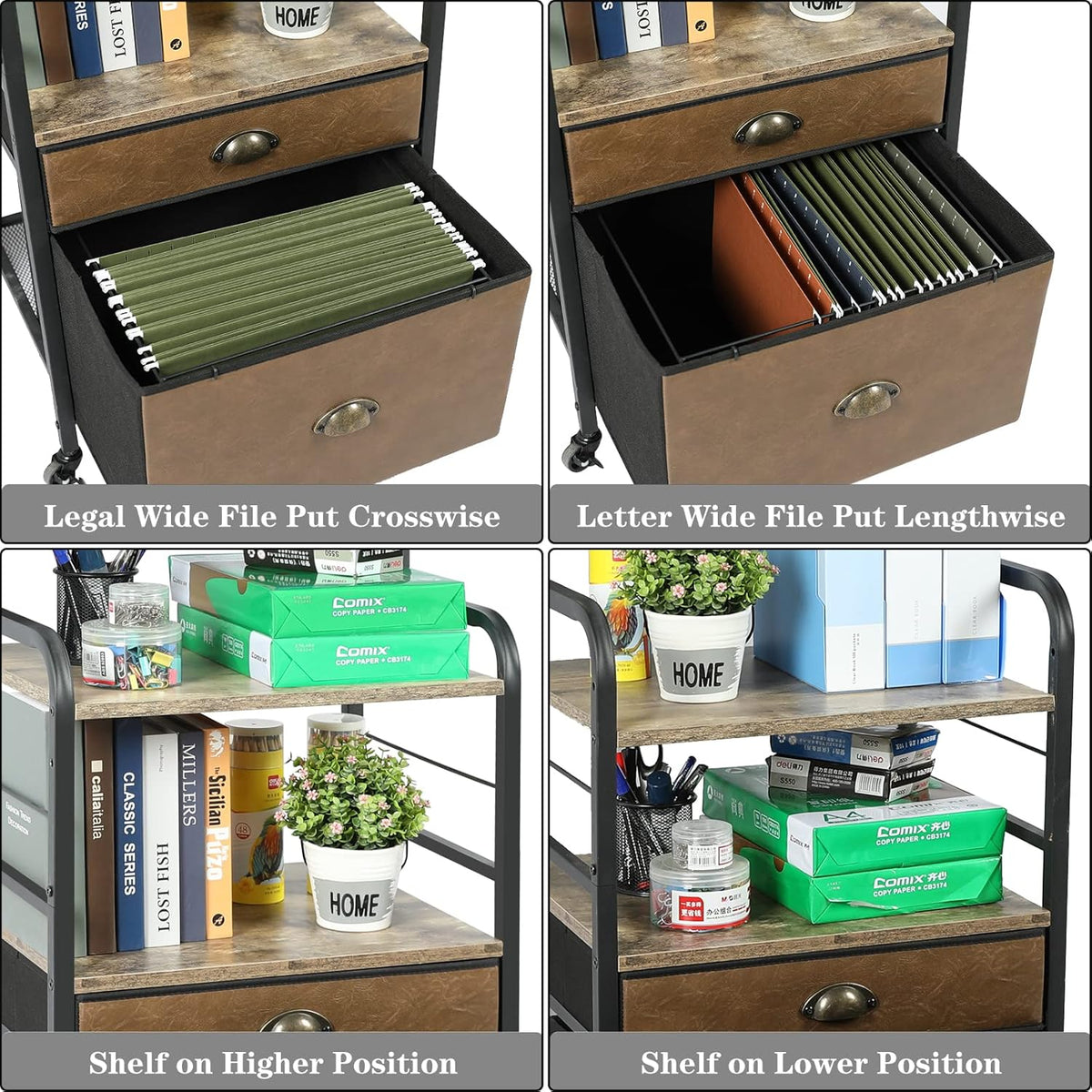 Mobile Printer Stand with File Cabinet, 3 Tier Rolling Cart with 2 Drawers K776